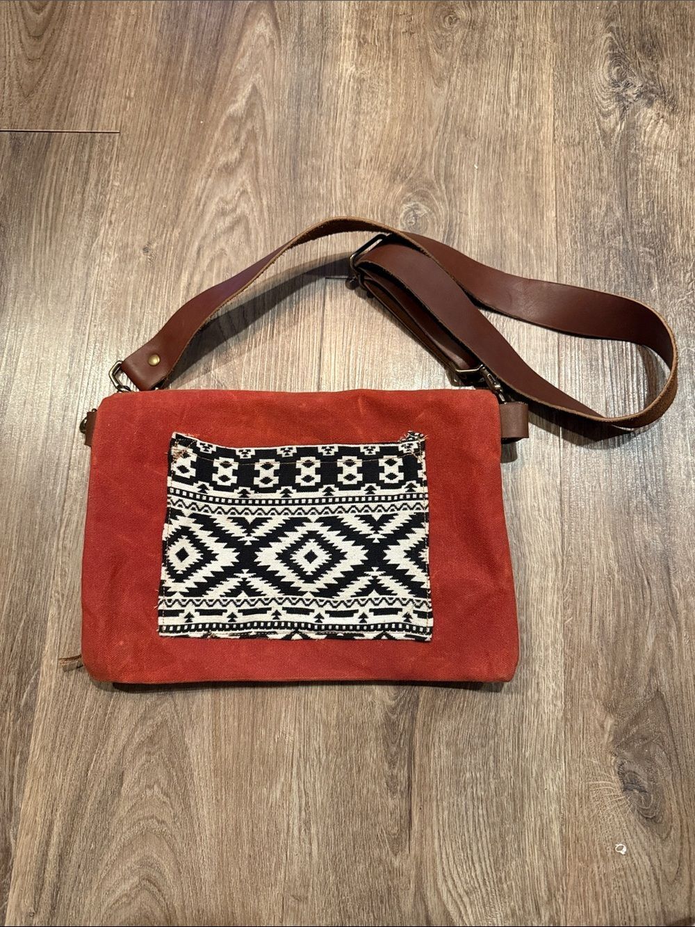 Kith & Kin Waxed Canvas Rusty Orange Boho Aztec Crossbody Bag